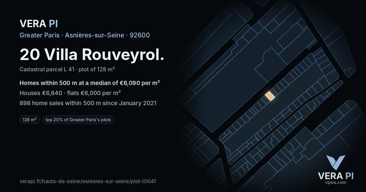 20 Villa Rouveyrol, Asnières-sur-Seine at night – the plot lit, the parcels around coloured by the prices near them