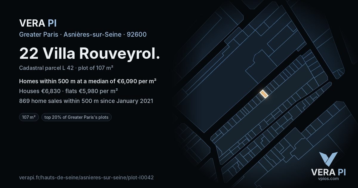 22 Villa Rouveyrol, Asnières-sur-Seine at night – the plot lit, the parcels around coloured by the prices near them