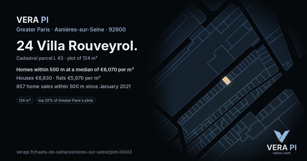 24 Villa Rouveyrol, Asnières-sur-Seine at night – the plot lit, the parcels around coloured by the prices near them