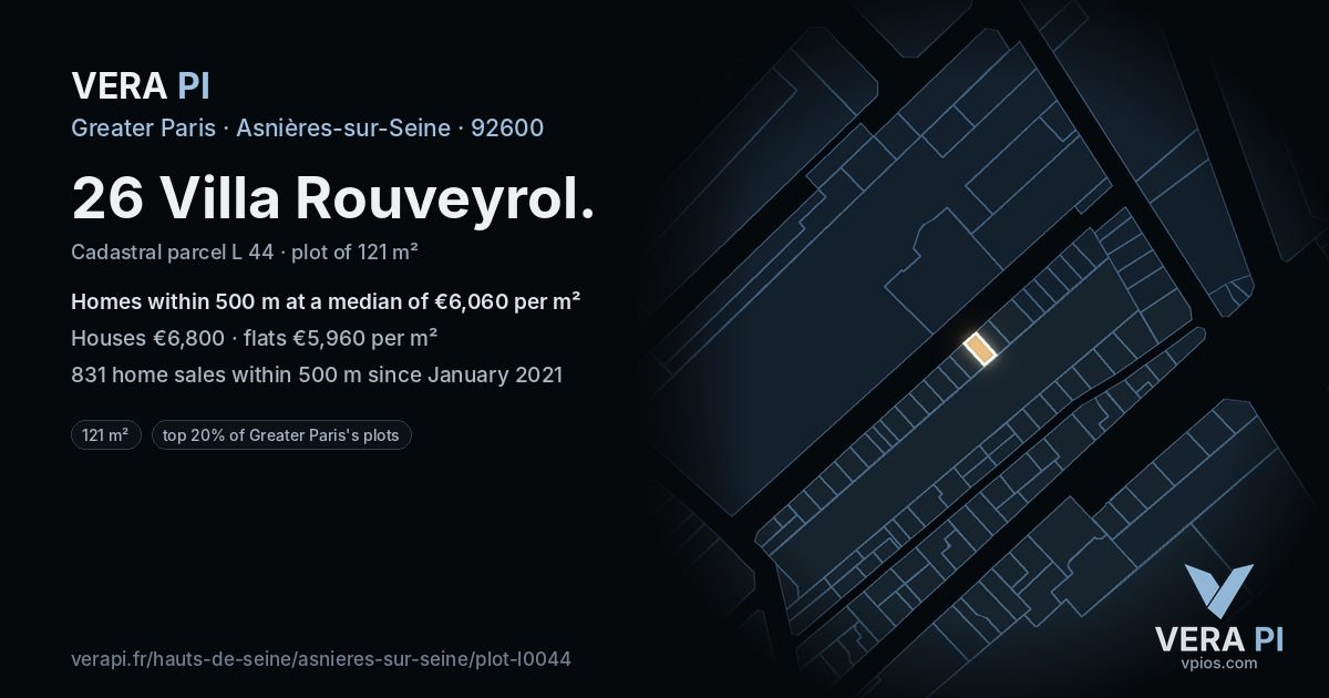 26 Villa Rouveyrol, Asnières-sur-Seine at night – the plot lit, the parcels around coloured by the prices near them