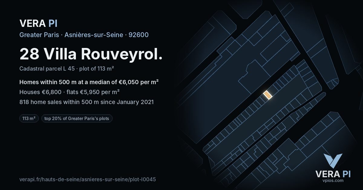 28 Villa Rouveyrol, Asnières-sur-Seine at night – the plot lit, the parcels around coloured by the prices near them