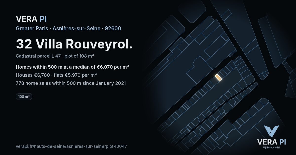 32 Villa Rouveyrol, Asnières-sur-Seine at night – the plot lit, the parcels around coloured by the prices near them