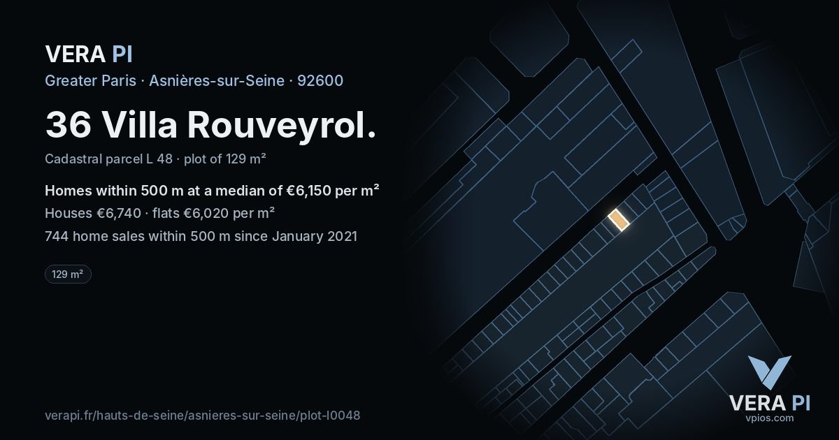 36 Villa Rouveyrol, Asnières-sur-Seine at night – the plot lit, the parcels around coloured by the prices near them