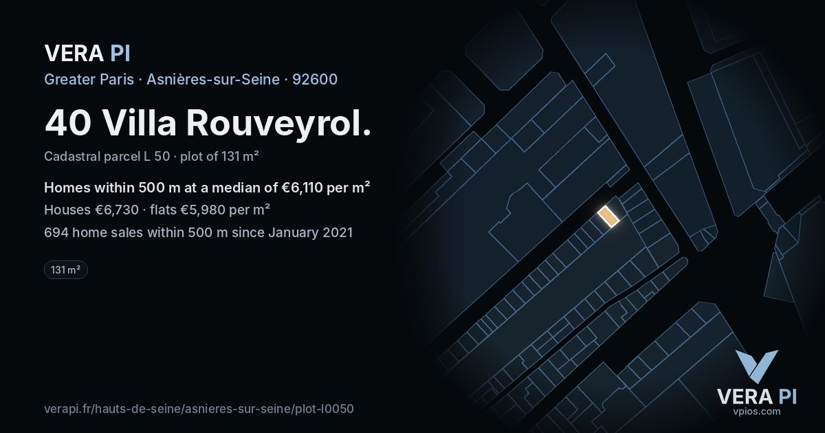 40 Villa Rouveyrol, Asnières-sur-Seine at night – the plot lit, the parcels around coloured by the prices near them