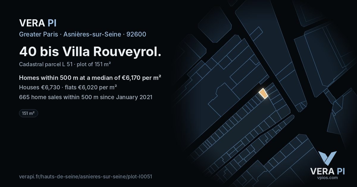 40 bis Villa Rouveyrol, Asnières-sur-Seine at night – the plot lit, the parcels around coloured by the prices near them