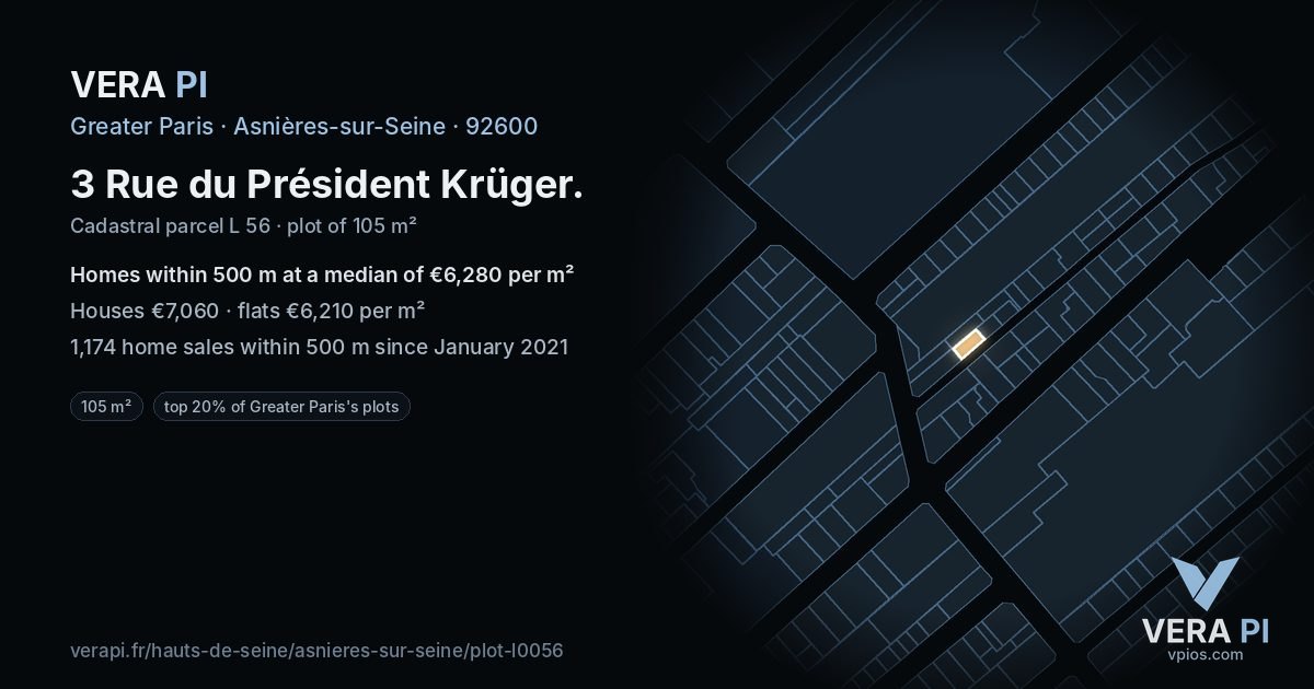 3 Rue du Président Krüger, Asnières-sur-Seine at night – the plot lit, the parcels around coloured by the prices near them
