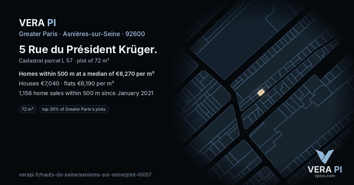 5 Rue du Président Krüger, Asnières-sur-Seine at night – the plot lit, the parcels around coloured by the prices near them