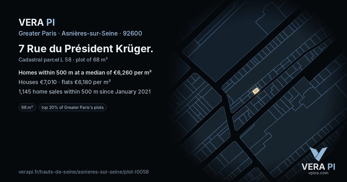 7 Rue du Président Krüger, Asnières-sur-Seine at night – the plot lit, the parcels around coloured by the prices near them