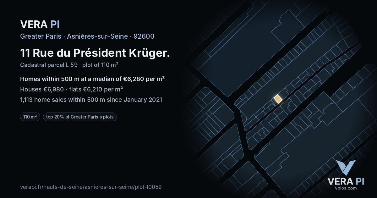 11 Rue du Président Krüger, Asnières-sur-Seine at night – the plot lit, the parcels around coloured by the prices near them