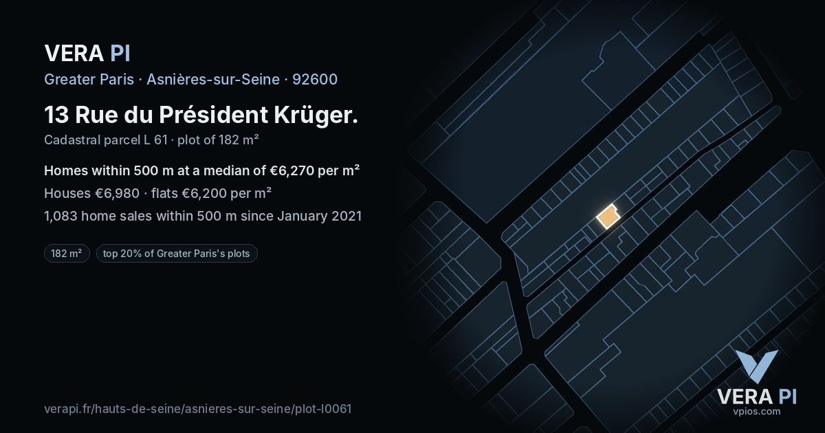 13 Rue du Président Krüger, Asnières-sur-Seine at night – the plot lit, the parcels around coloured by the prices near them