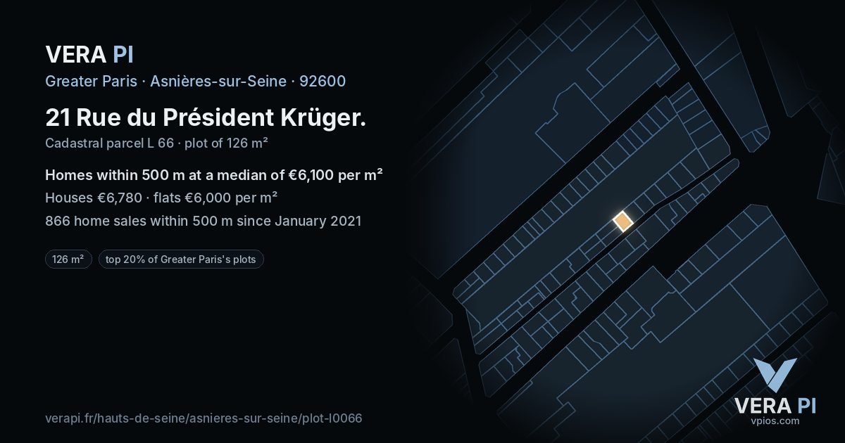 21 Rue du Président Krüger, Asnières-sur-Seine at night – the plot lit, the parcels around coloured by the prices near them