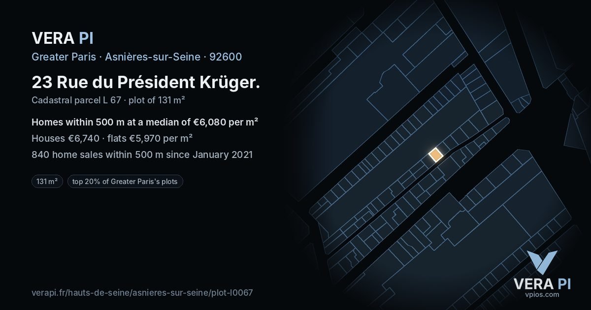 23 Rue du Président Krüger, Asnières-sur-Seine at night – the plot lit, the parcels around coloured by the prices near them