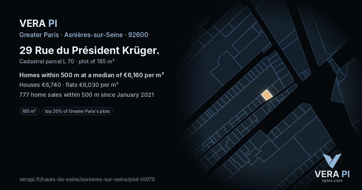29 Rue du Président Krüger, Asnières-sur-Seine at night – the plot lit, the parcels around coloured by the prices near them