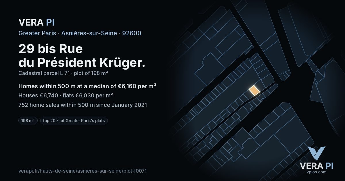 29 bis Rue du Président Krüger, Asnières-sur-Seine at night – the plot lit, the parcels around coloured by the prices near them