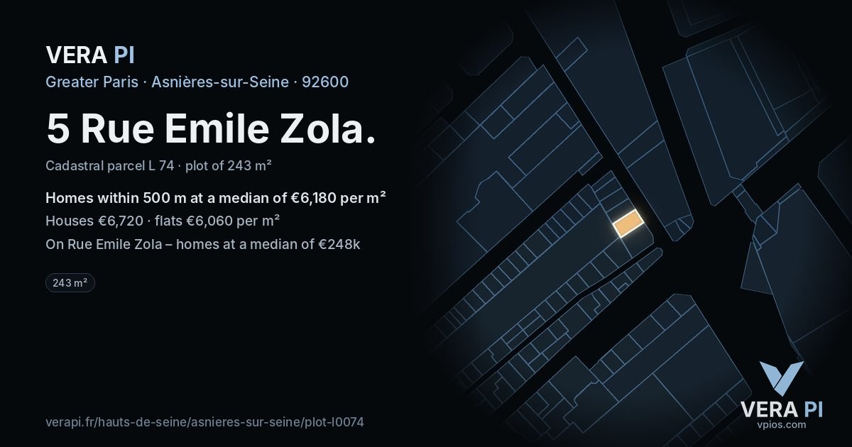5 Rue Emile Zola, Asnières-sur-Seine at night – the plot lit, the parcels around coloured by the prices near them