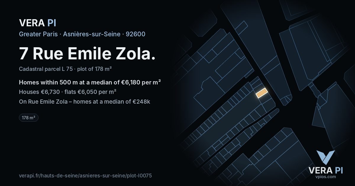 7 Rue Emile Zola, Asnières-sur-Seine at night – the plot lit, the parcels around coloured by the prices near them