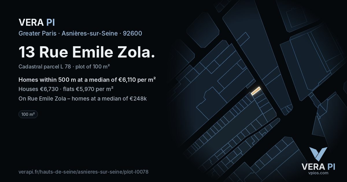 13 Rue Emile Zola, Asnières-sur-Seine at night – the plot lit, the parcels around coloured by the prices near them