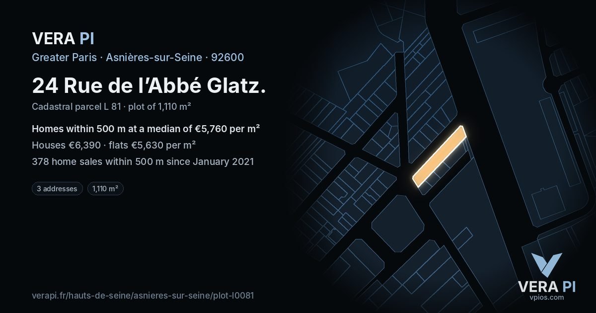 24 Rue de l’Abbé Glatz, Asnières-sur-Seine at night – the plot lit, the parcels around coloured by the prices near them
