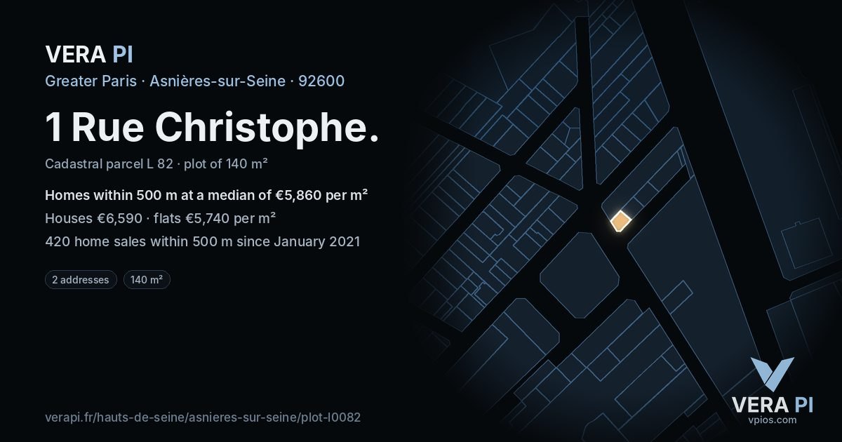 1 Rue Christophe, Asnières-sur-Seine at night – the plot lit, the parcels around coloured by the prices near them