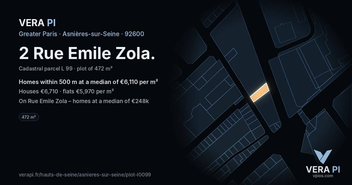 2 Rue Emile Zola, Asnières-sur-Seine at night – the plot lit, the parcels around coloured by the prices near them