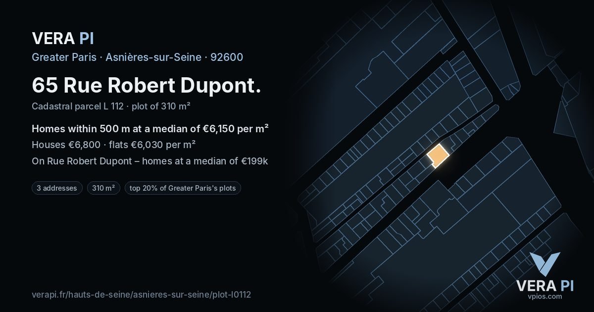 65 Rue Robert Dupont, Asnières-sur-Seine at night – the plot lit, the parcels around coloured by the prices near them