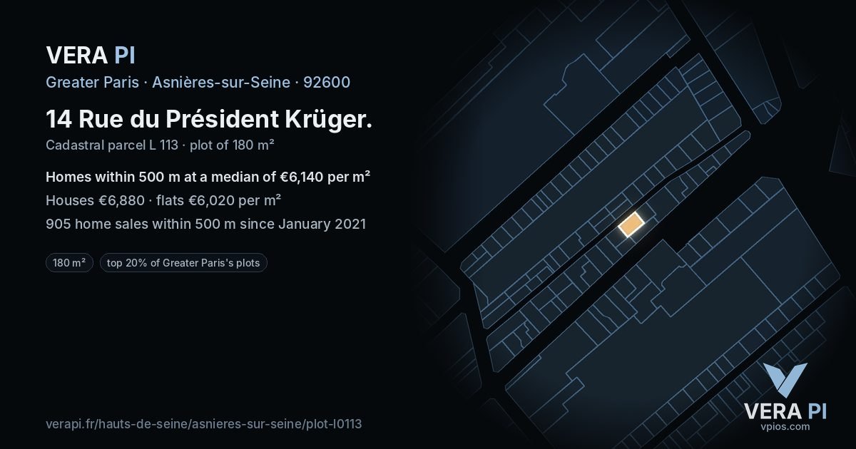 14 Rue du Président Krüger, Asnières-sur-Seine at night – the plot lit, the parcels around coloured by the prices near them