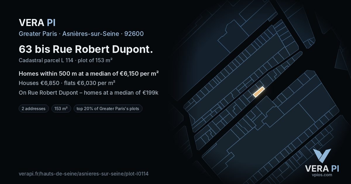 63 bis Rue Robert Dupont, Asnières-sur-Seine at night – the plot lit, the parcels around coloured by the prices near them