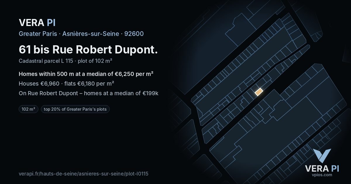 61 bis Rue Robert Dupont, Asnières-sur-Seine at night – the plot lit, the parcels around coloured by the prices near them