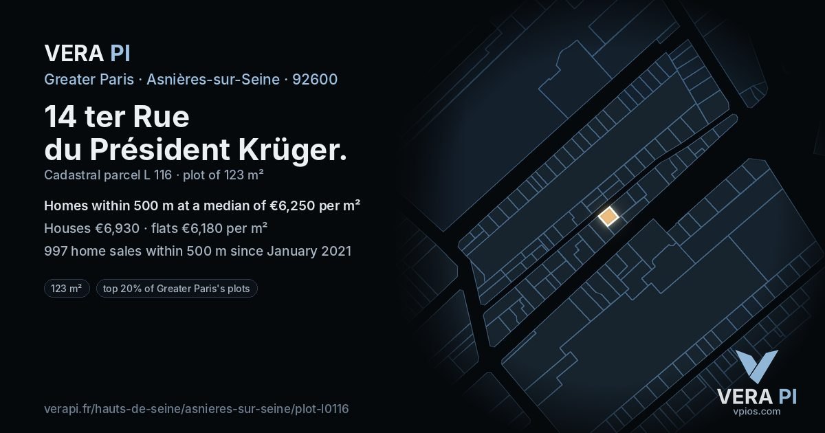 14 ter Rue du Président Krüger, Asnières-sur-Seine at night – the plot lit, the parcels around coloured by the prices near them