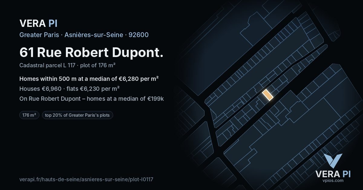 61 Rue Robert Dupont, Asnières-sur-Seine at night – the plot lit, the parcels around coloured by the prices near them