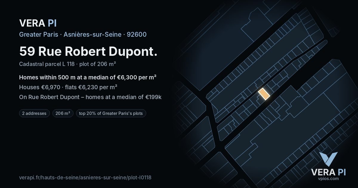 59 Rue Robert Dupont, Asnières-sur-Seine at night – the plot lit, the parcels around coloured by the prices near them