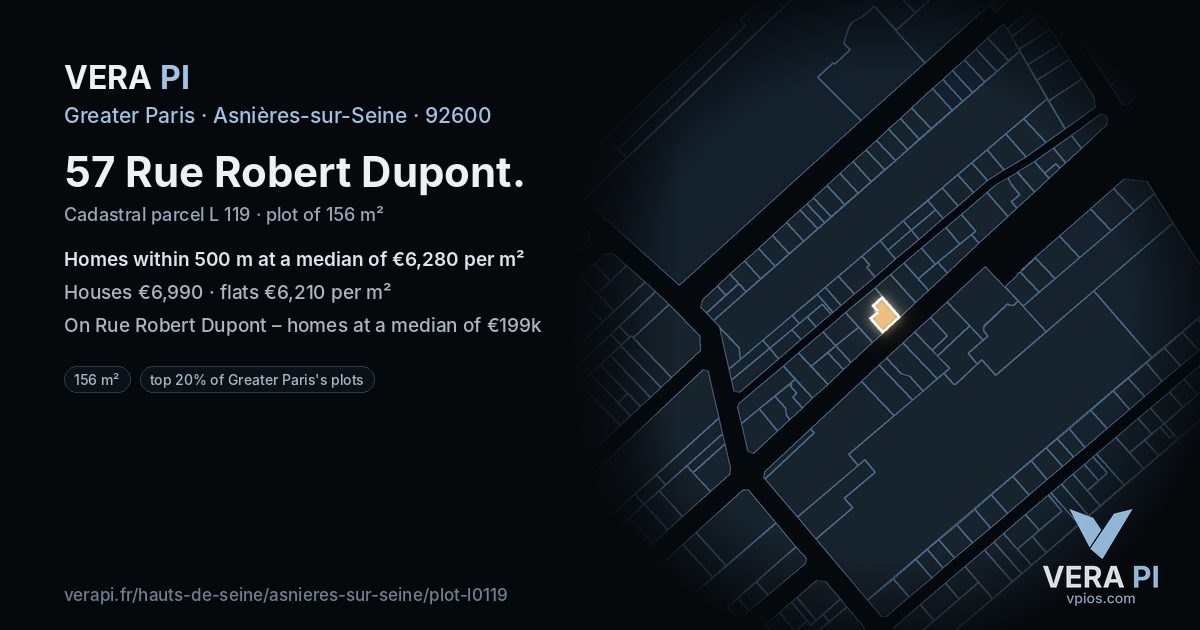 57 Rue Robert Dupont, Asnières-sur-Seine at night – the plot lit, the parcels around coloured by the prices near them