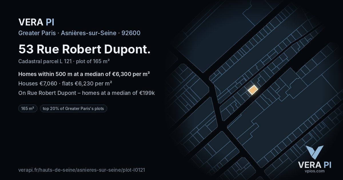 53 Rue Robert Dupont, Asnières-sur-Seine at night – the plot lit, the parcels around coloured by the prices near them