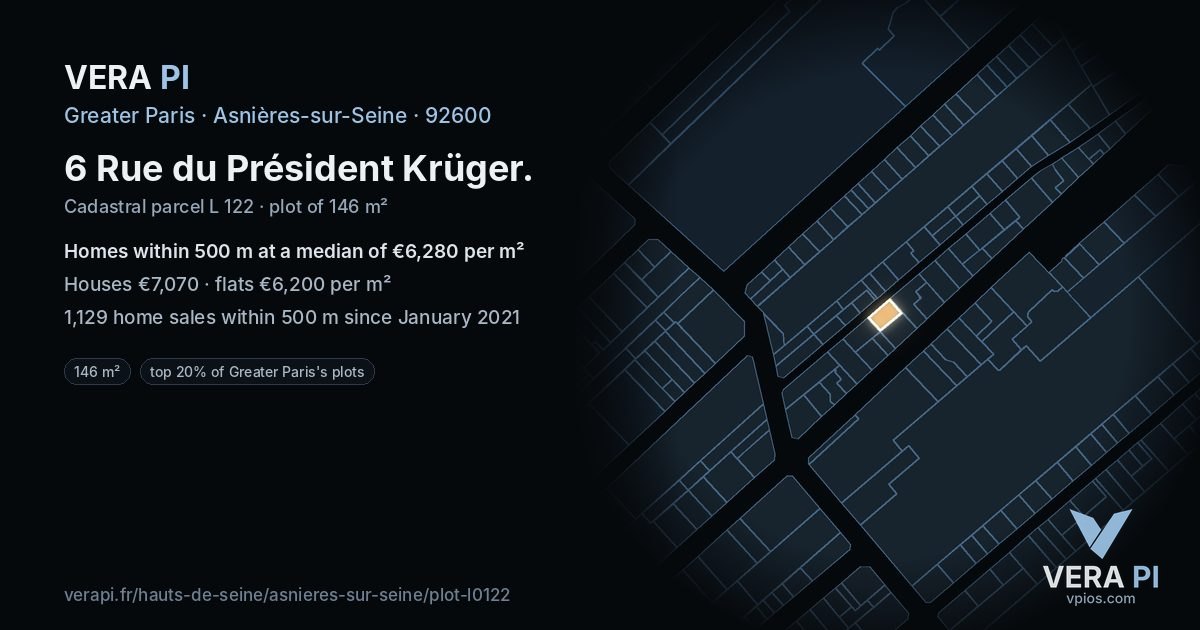 6 Rue du Président Krüger, Asnières-sur-Seine at night – the plot lit, the parcels around coloured by the prices near them