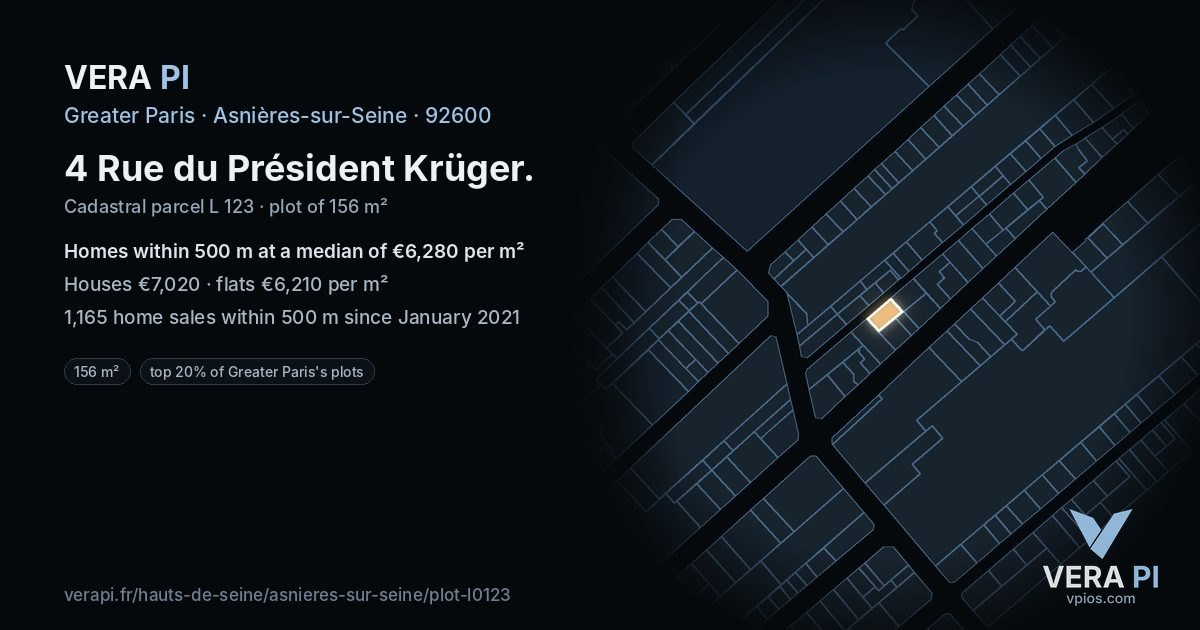 4 Rue du Président Krüger, Asnières-sur-Seine at night – the plot lit, the parcels around coloured by the prices near them
