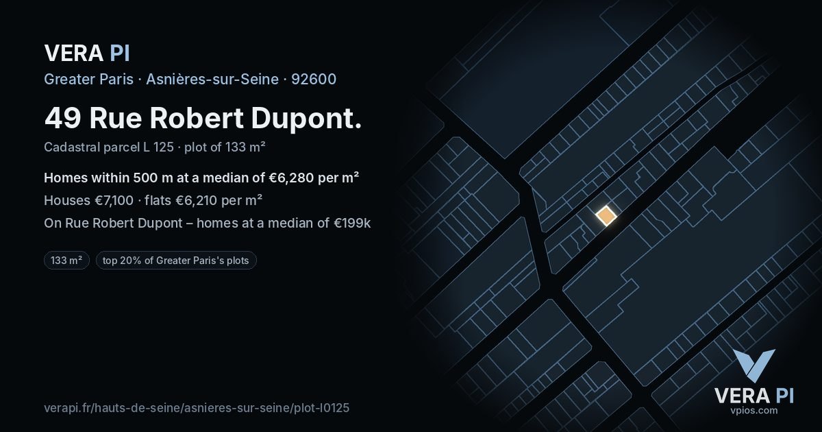49 Rue Robert Dupont, Asnières-sur-Seine at night – the plot lit, the parcels around coloured by the prices near them