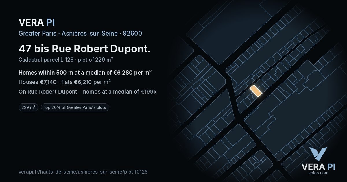 47 bis Rue Robert Dupont, Asnières-sur-Seine at night – the plot lit, the parcels around coloured by the prices near them