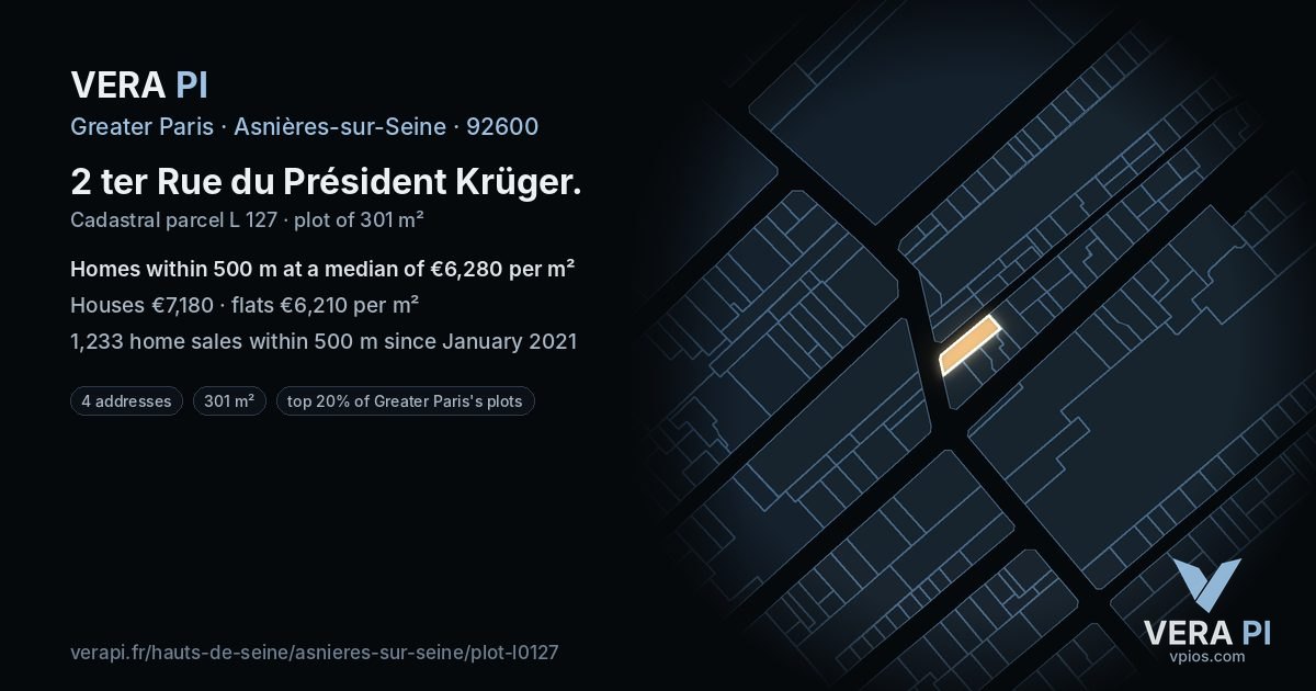 2 ter Rue du Président Krüger, Asnières-sur-Seine at night – the plot lit, the parcels around coloured by the prices near them