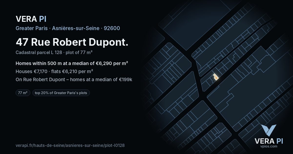 47 Rue Robert Dupont, Asnières-sur-Seine at night – the plot lit, the parcels around coloured by the prices near them