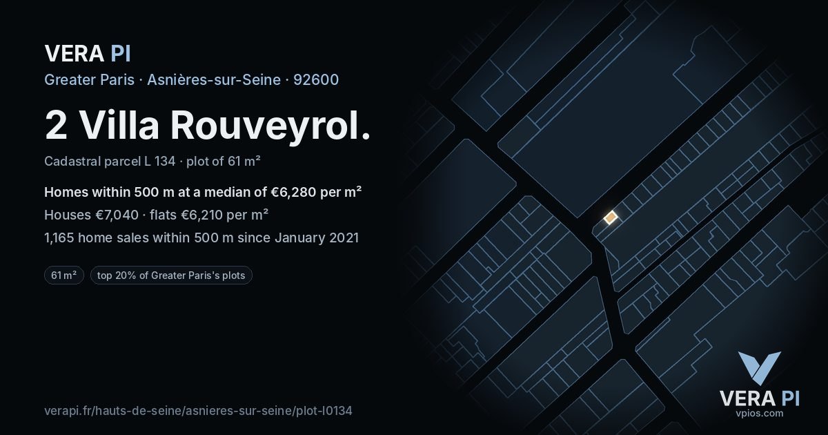 2 Villa Rouveyrol, Asnières-sur-Seine at night – the plot lit, the parcels around coloured by the prices near them