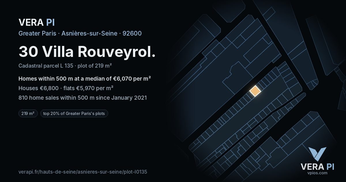 30 Villa Rouveyrol, Asnières-sur-Seine at night – the plot lit, the parcels around coloured by the prices near them