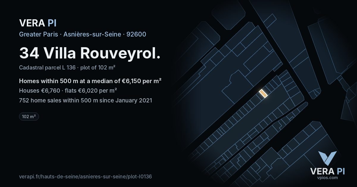 34 Villa Rouveyrol, Asnières-sur-Seine at night – the plot lit, the parcels around coloured by the prices near them