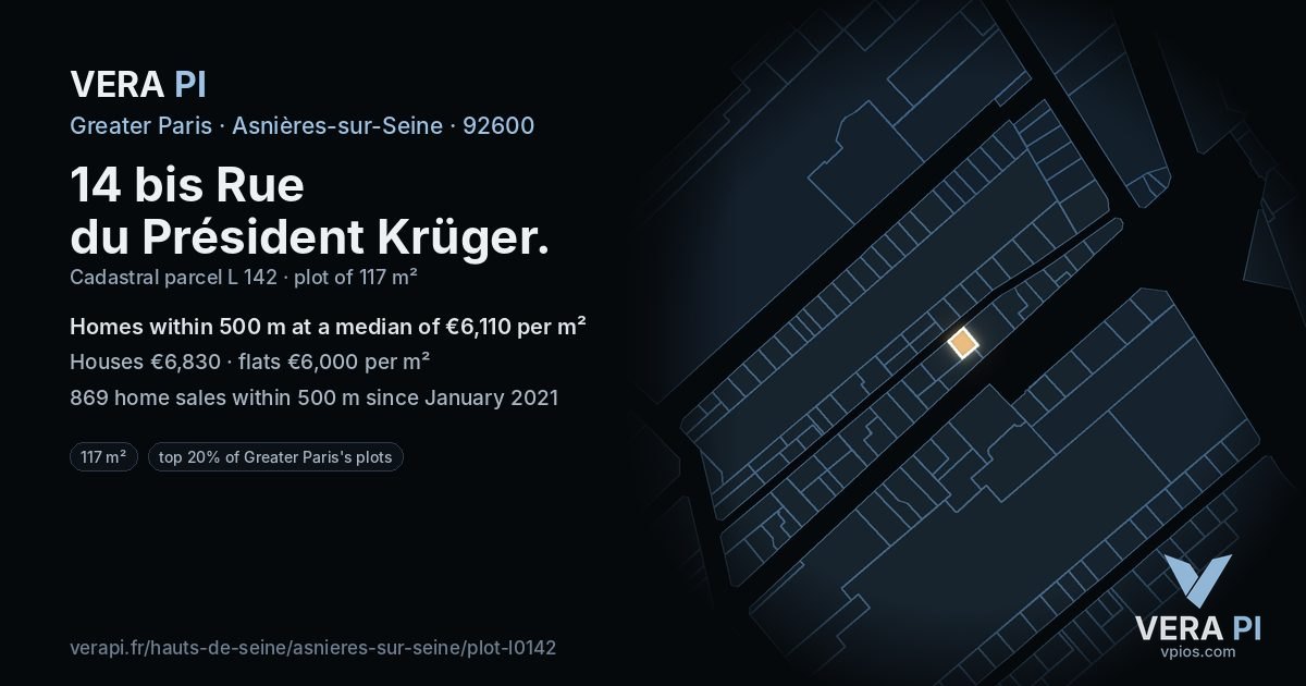 14 bis Rue du Président Krüger, Asnières-sur-Seine at night – the plot lit, the parcels around coloured by the prices near them