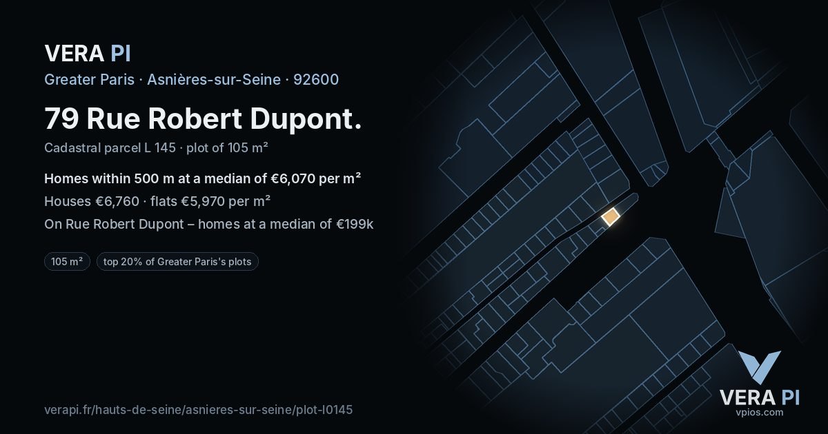 79 Rue Robert Dupont, Asnières-sur-Seine at night – the plot lit, the parcels around coloured by the prices near them