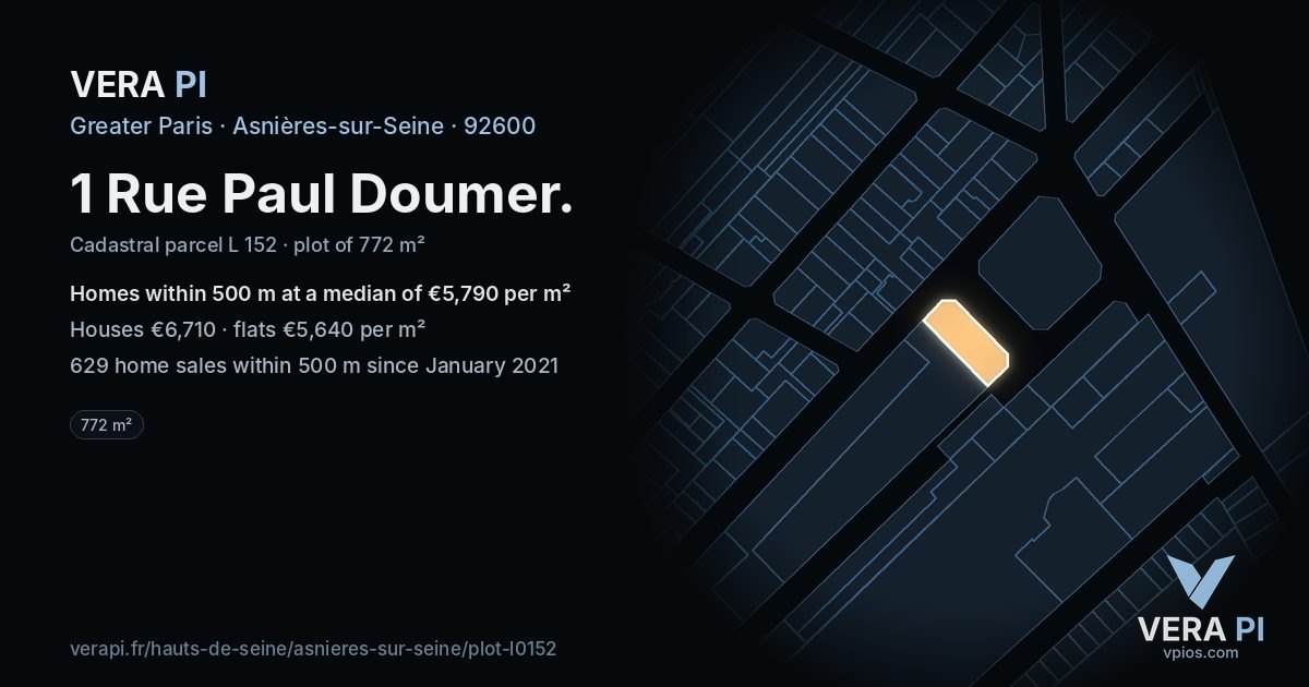 1 Rue Paul Doumer, Asnières-sur-Seine at night – the plot lit, the parcels around coloured by the prices near them
