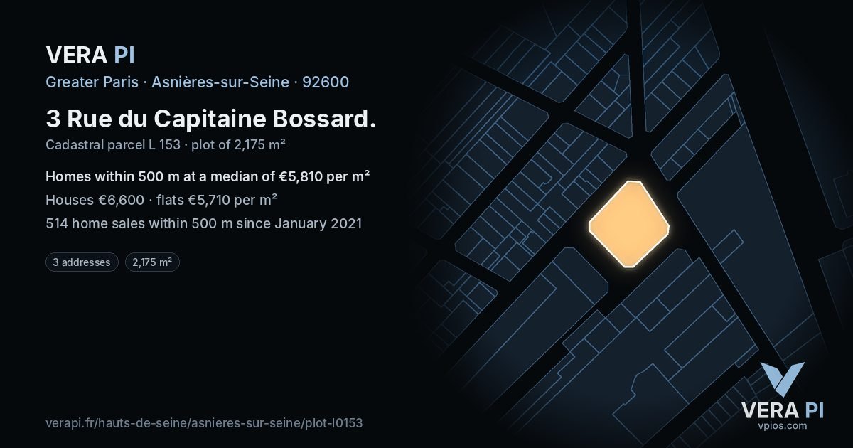 3 Rue du Capitaine Bossard, Asnières-sur-Seine at night – the plot lit, the parcels around coloured by the prices near them
