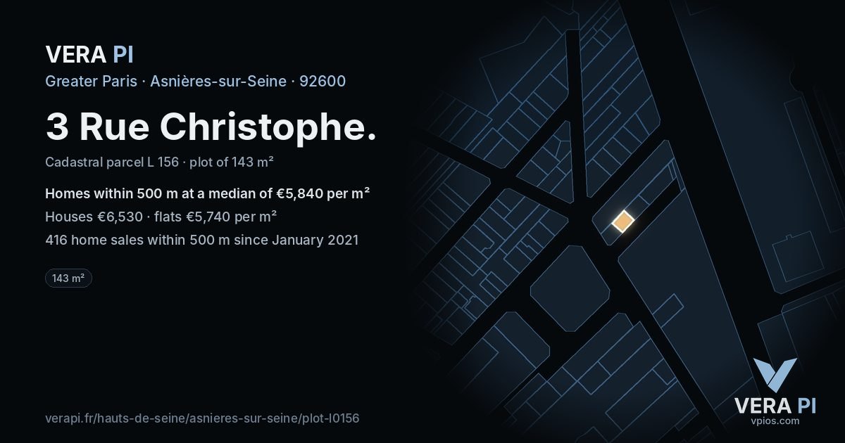 3 Rue Christophe, Asnières-sur-Seine at night – the plot lit, the parcels around coloured by the prices near them