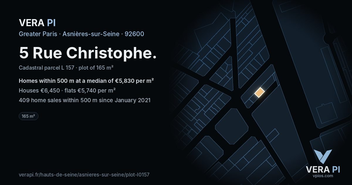 5 Rue Christophe, Asnières-sur-Seine at night – the plot lit, the parcels around coloured by the prices near them