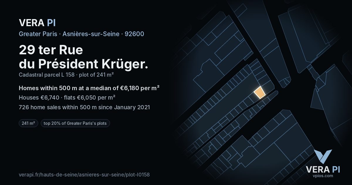 29 ter Rue du Président Krüger, Asnières-sur-Seine at night – the plot lit, the parcels around coloured by the prices near them