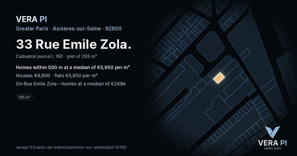 33 Rue Emile Zola, Asnières-sur-Seine at night – the plot lit, the parcels around coloured by the prices near them